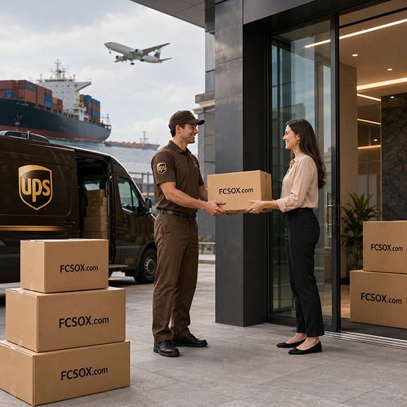 Courier delivering FCSOX cartons with global shipping by air and sea