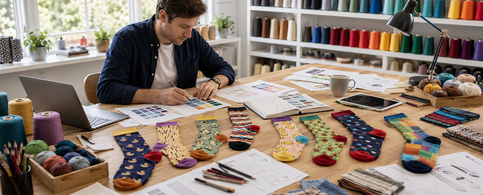 Custom sock design desk with yarn, color cards, and sock samples