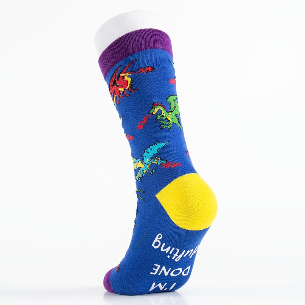 Blue dinosaur custom grip sock sample