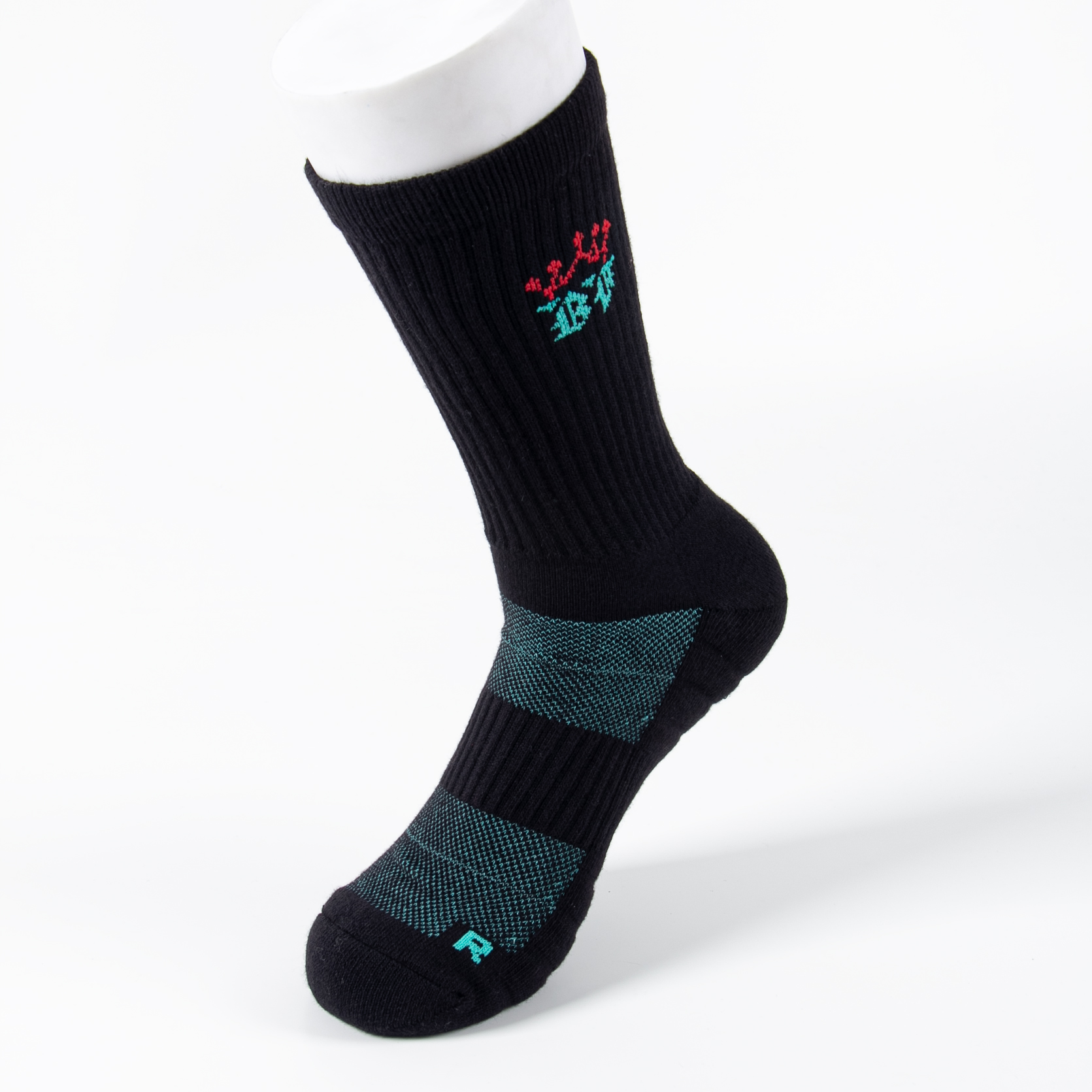 Black and teal custom sports sock sample