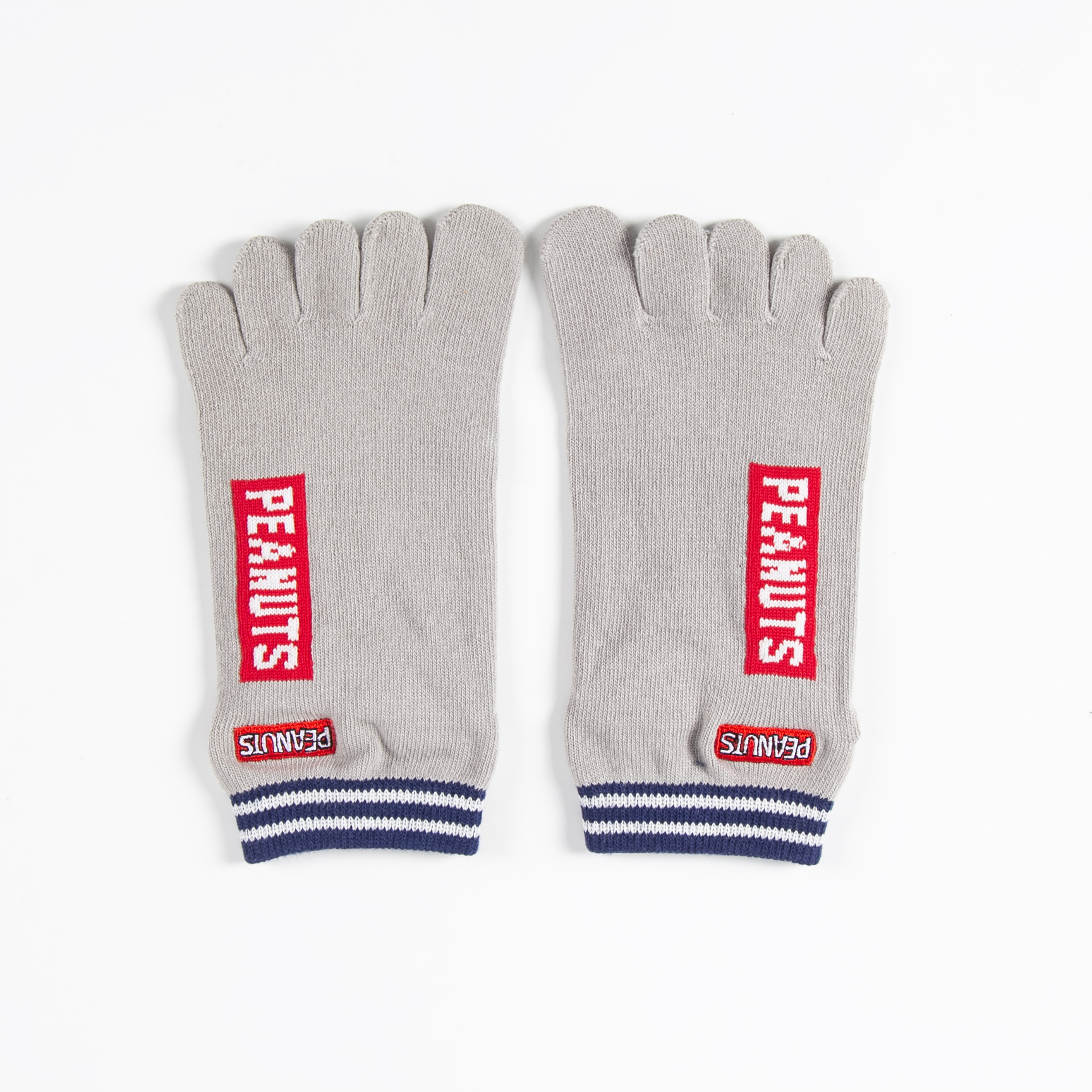 Custom grey five toe sock sample with red logo